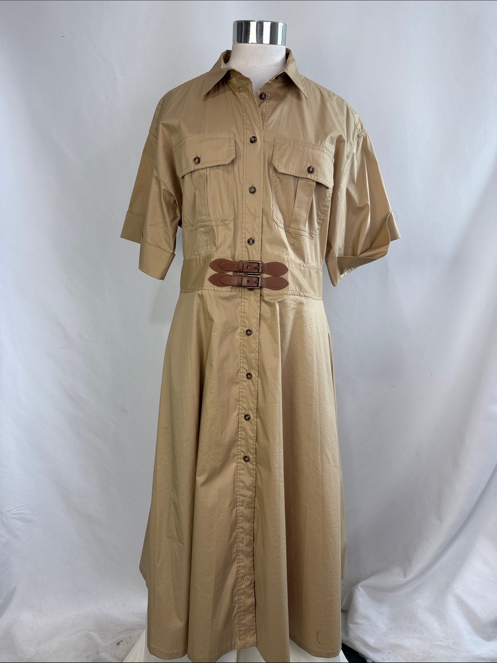 Ralph Lauren Khaki/Tan Button-Front Maxi Shirt Dress with Double Buckle Waist